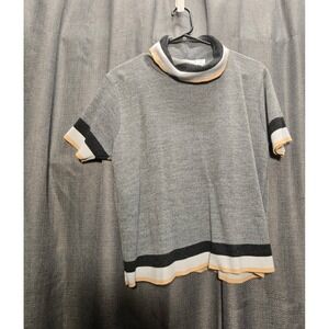 Karen‎ Lessly Short Sleeve Turtleneck Striped Trim Knit Top Pullover Sweater L